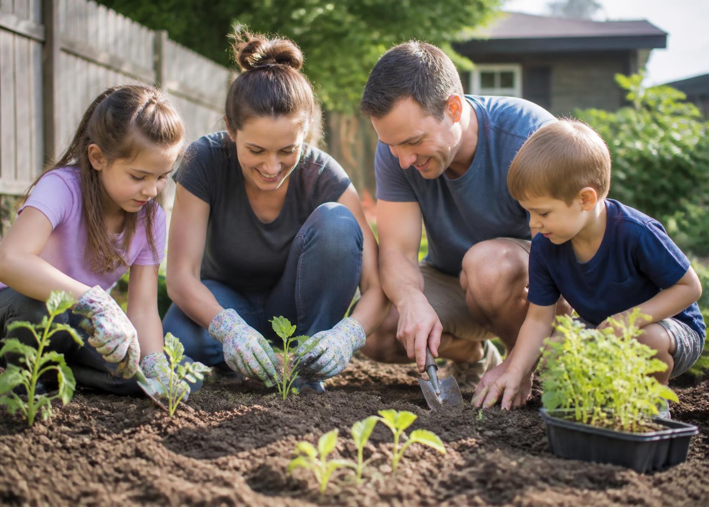 A Canadian family planting seedlings together in a backyard garden