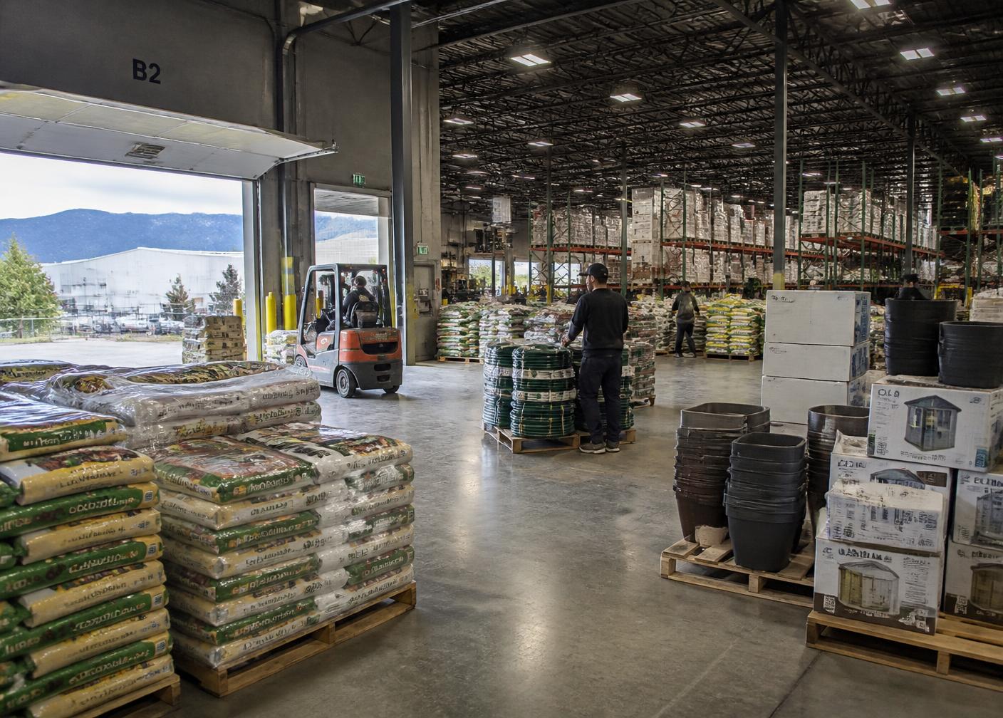 Garden products on pallets inside a British Columbia distribution centre