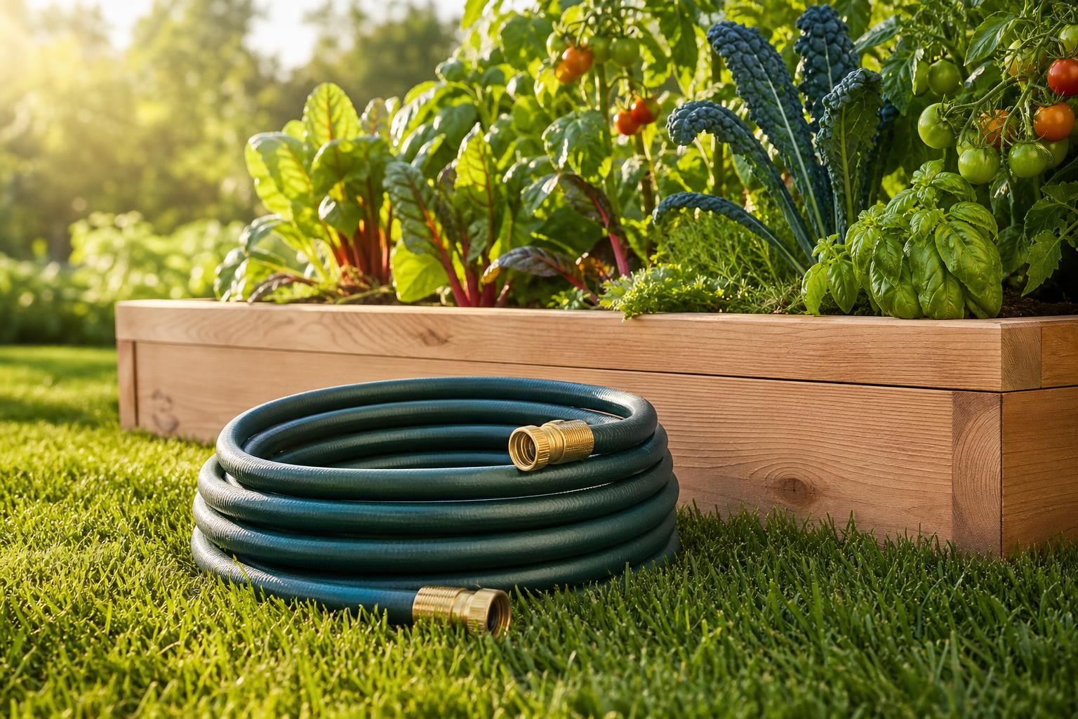 Hybrid garden hose coiled on the lawn beside a garden bed, showing its flexible jacket and brass couplings