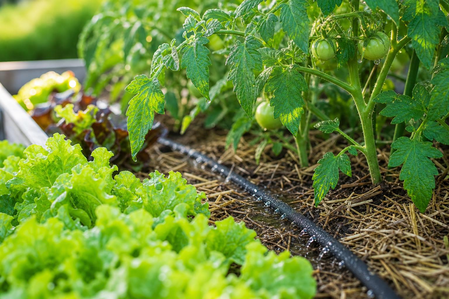 Soaker hose weeping water under mulch along a raised vegetable bed of tomatoes and lettuce