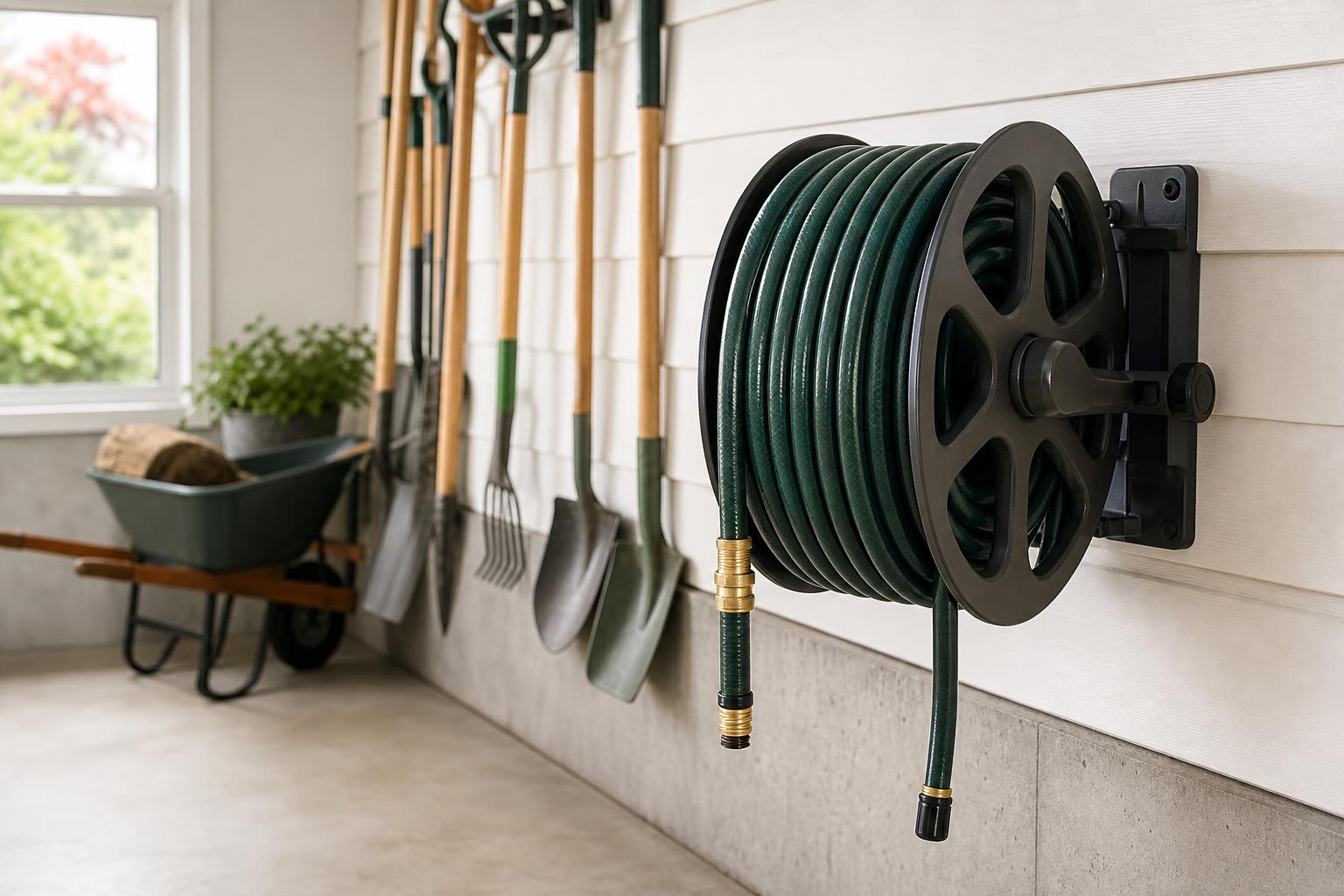 Garden hose drained and coiled on a wide reel in a garage for winter storage