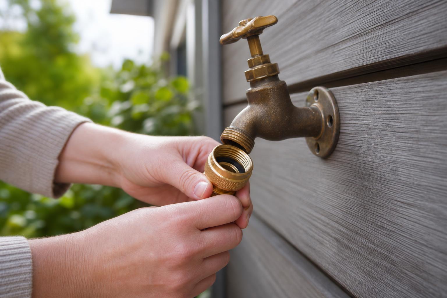 Connecting a garden hose to an outdoor tap, showing the brass coupling and washer that stop most leaks