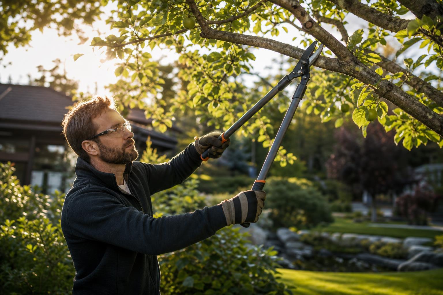 Gardener removing a thick branch with long-handle bypass loppers in a backyard