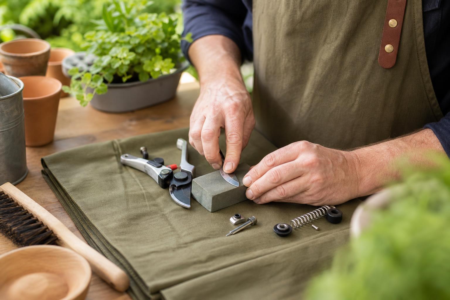 Sharpening a pruner blade with a stone on a potting bench alongside tool parts and an oil cloth