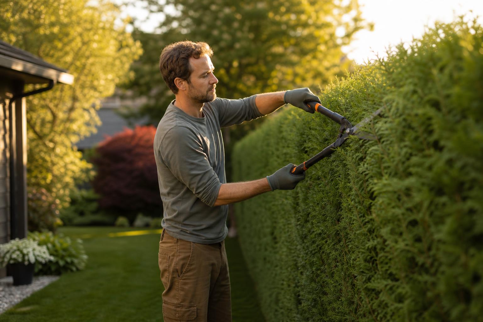 Shaping a cedar hedge with long two-handed hedge shears in late-afternoon light