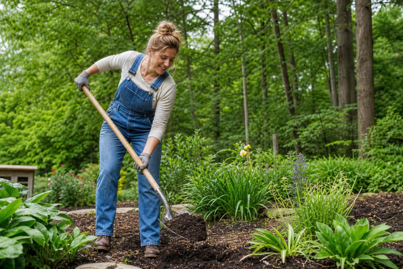 Gardener in overalls digging a garden bed with a long wood-handled shovel