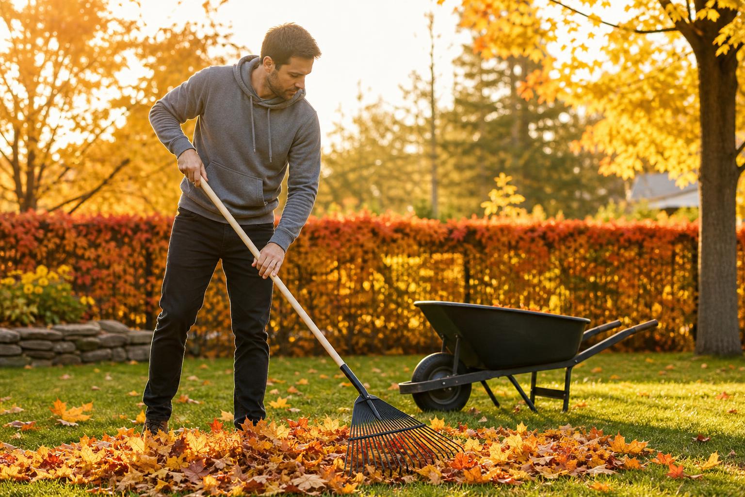 Gardener clearing fallen leaves from a backyard lawn with a wide fiberglass-handled leaf rake