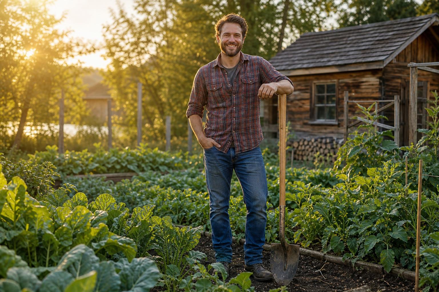 Gardener leaning on a wood-handled round-point shovel in a backyard vegetable garden at golden hour