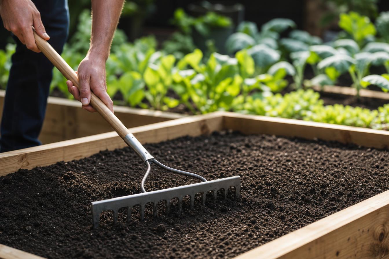 Levelling dark soil in a raised vegetable bed with a steel garden rake