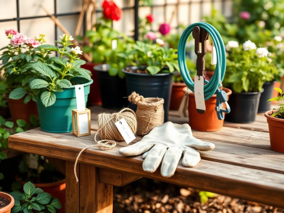Gardening gloves and tools on a potting bench