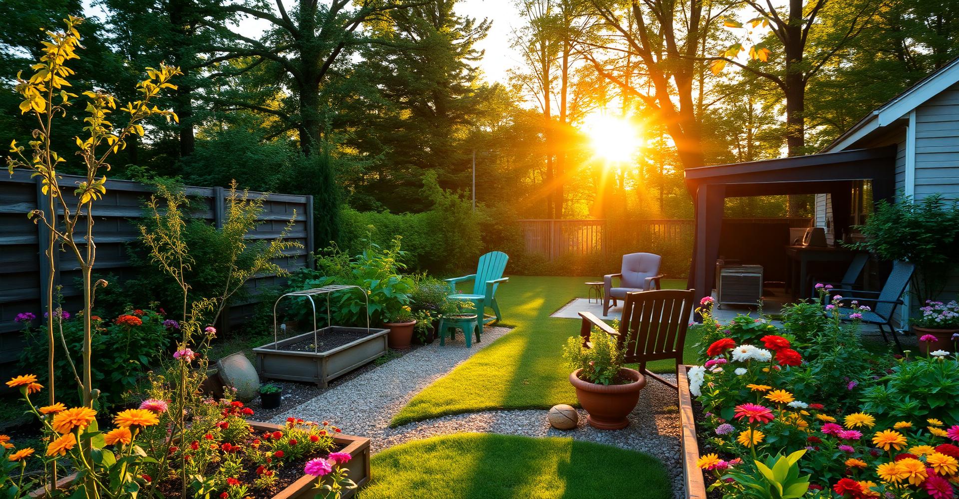 Summer backyard garden at golden hour