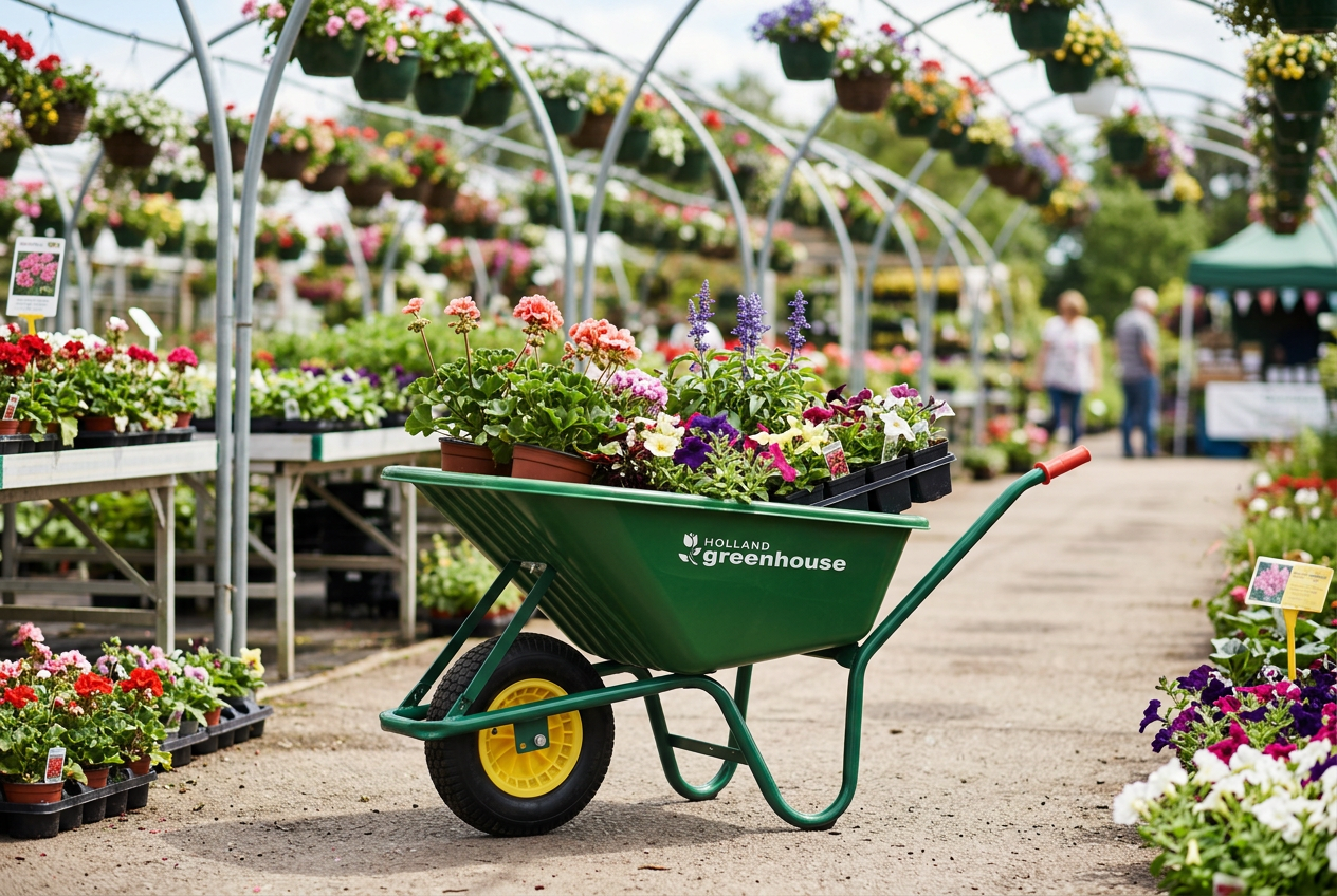 Holland Greenhouse green poly tray wheelbarrow loaded with bedding plants at a garden centre