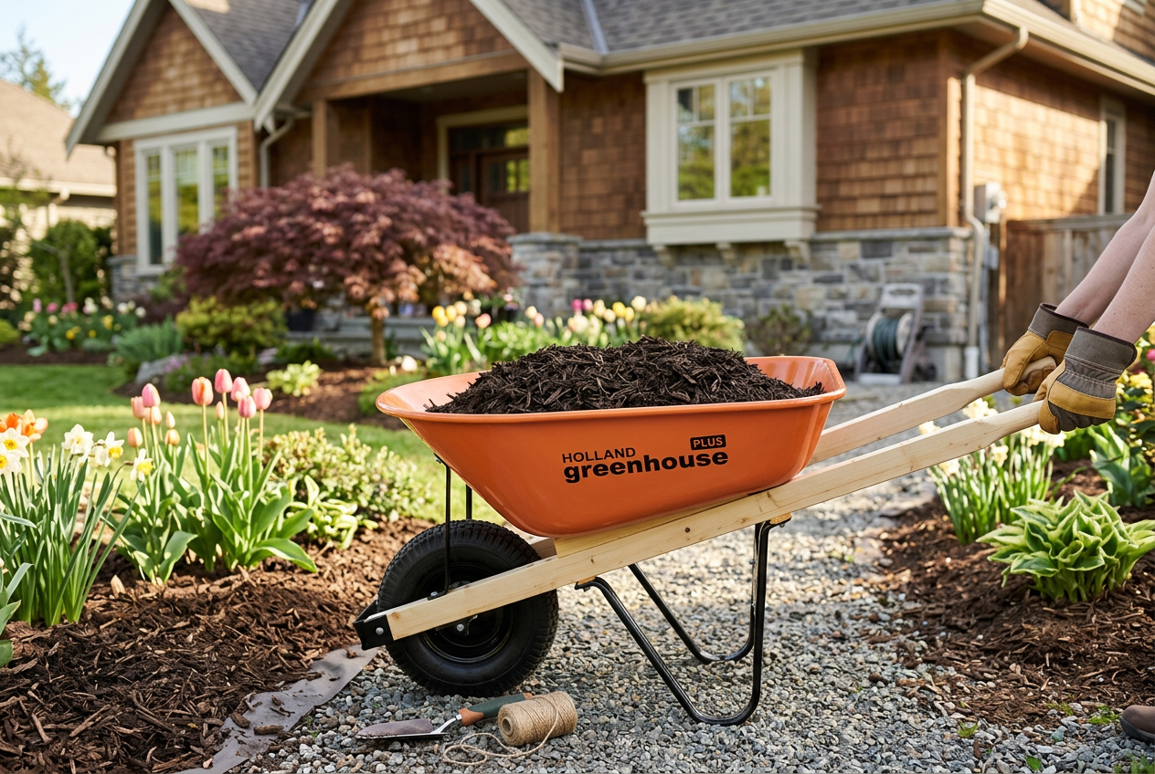 Holland Greenhouse Plus orange steel tray wheelbarrow full of mulch in a front garden