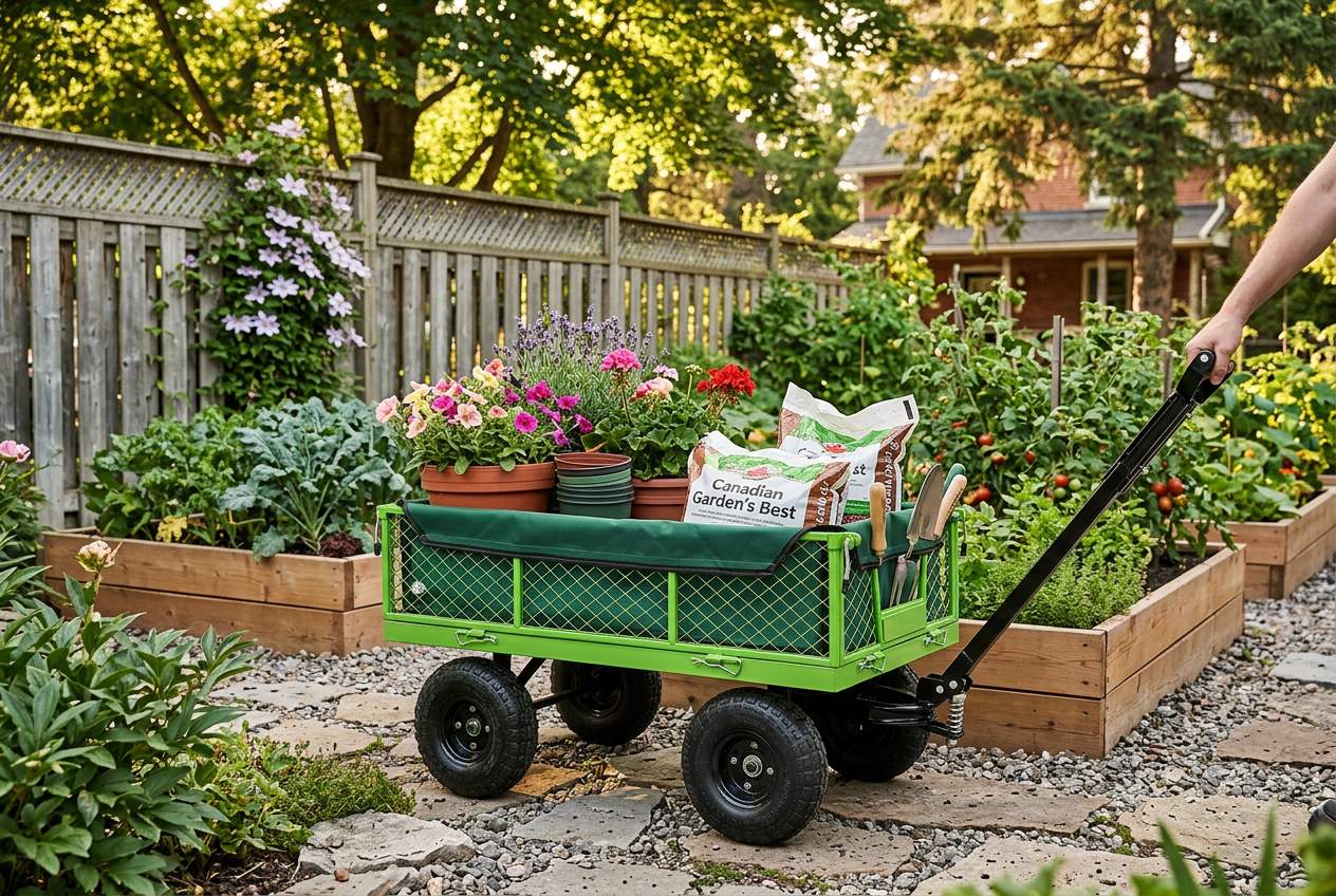 Green steel mesh garden cart loaded with potted flowers and soil on a backyard garden path
