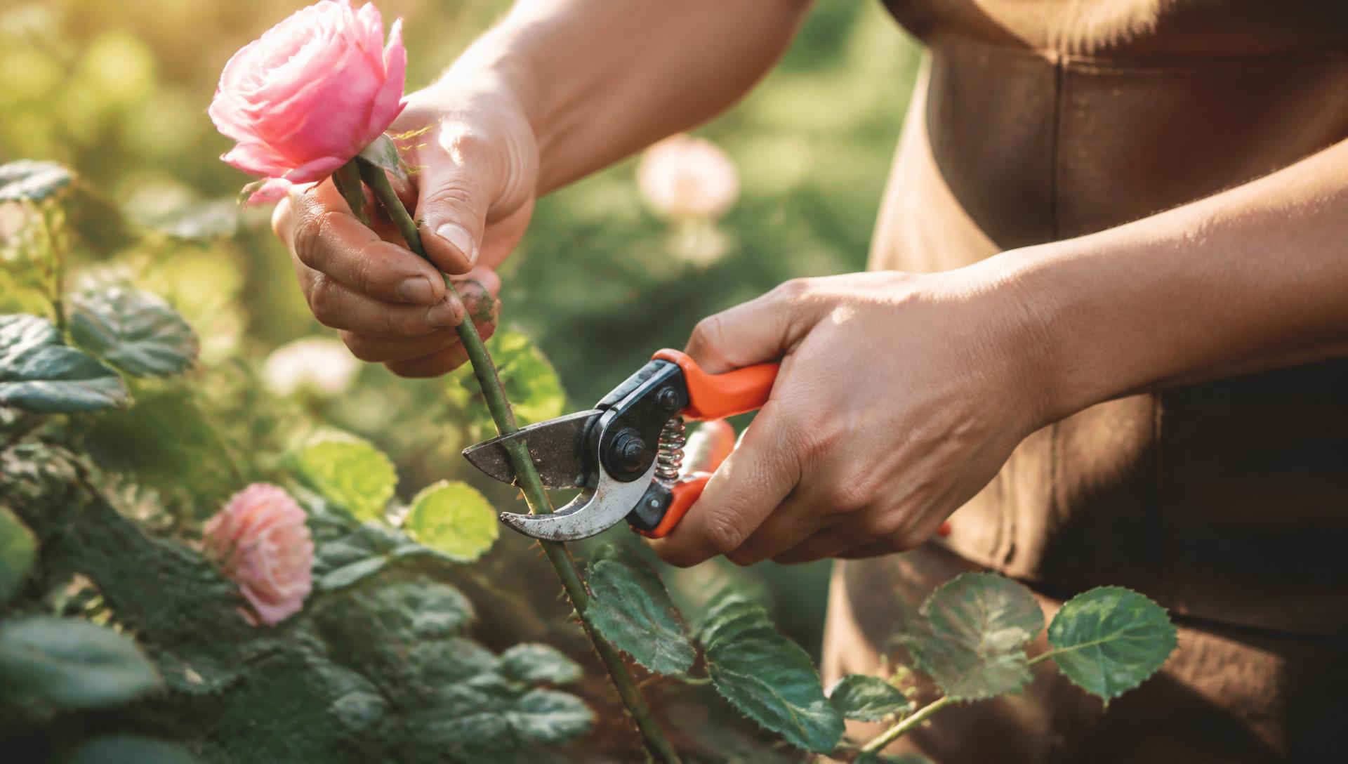 Gardener cutting a rose stem with bypass pruners