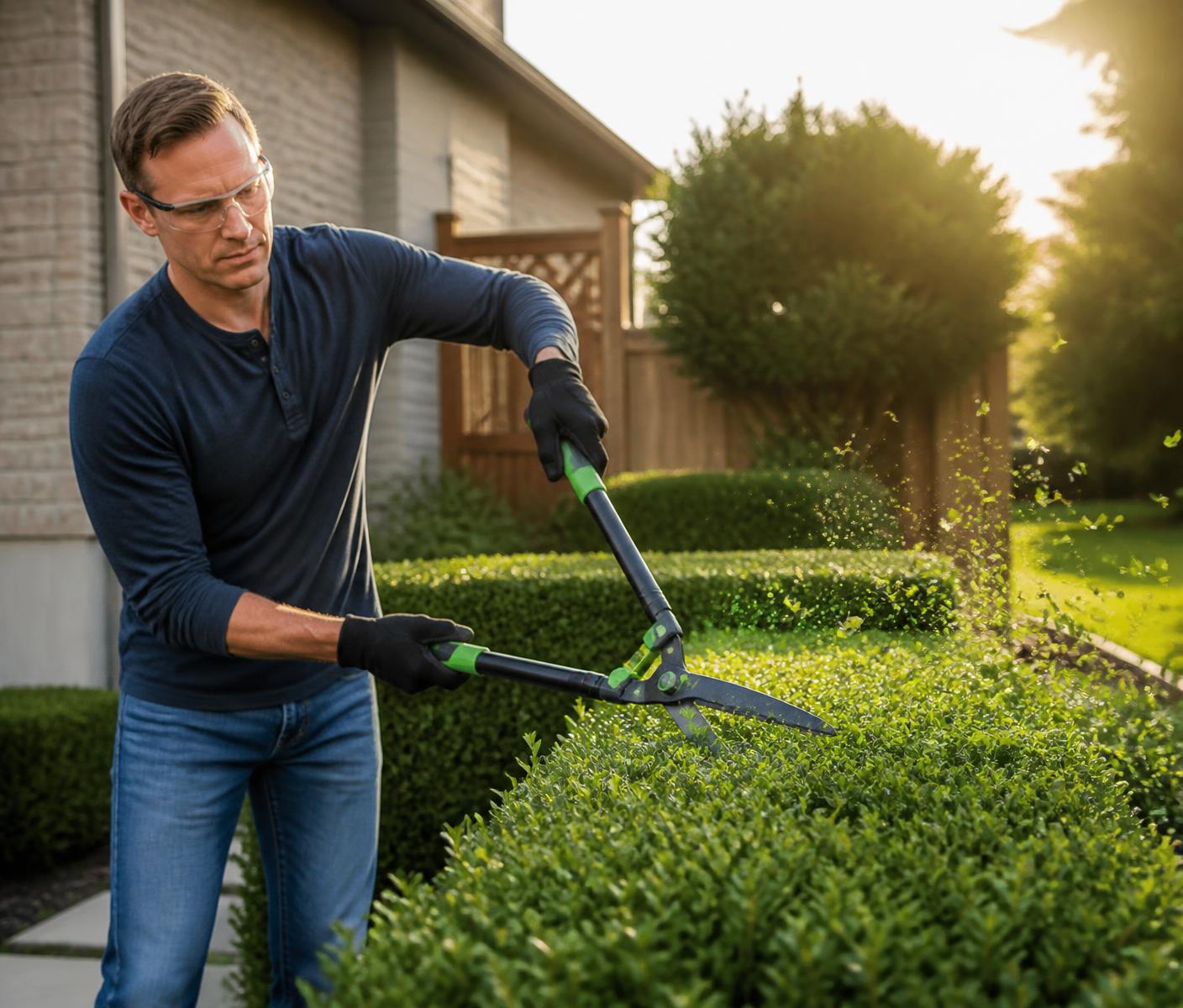 Person shaping a boxwood hedge with two-handed hedge shears at golden hour