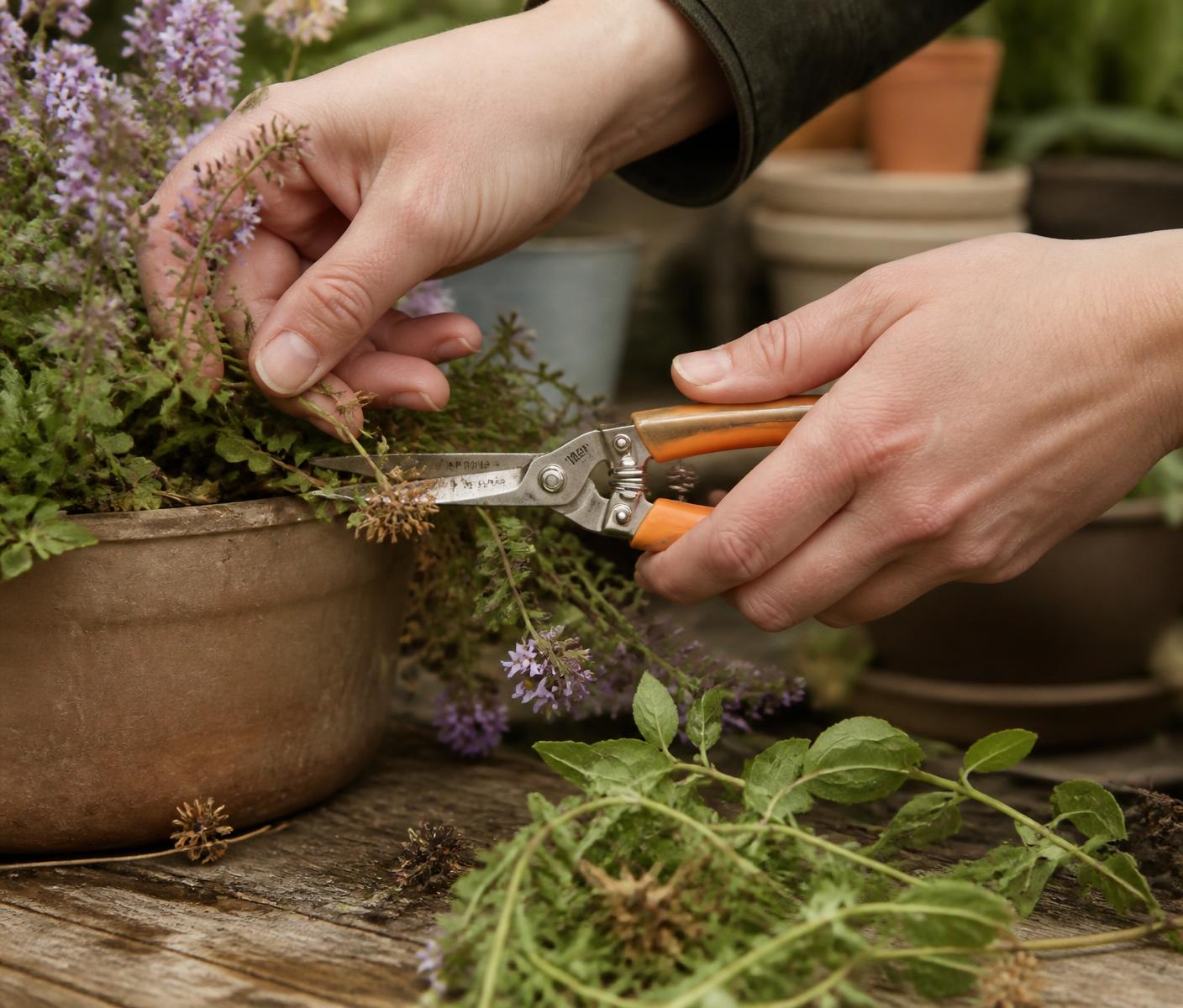 Hands trimming herbs with stainless steel floral snips on a potting bench