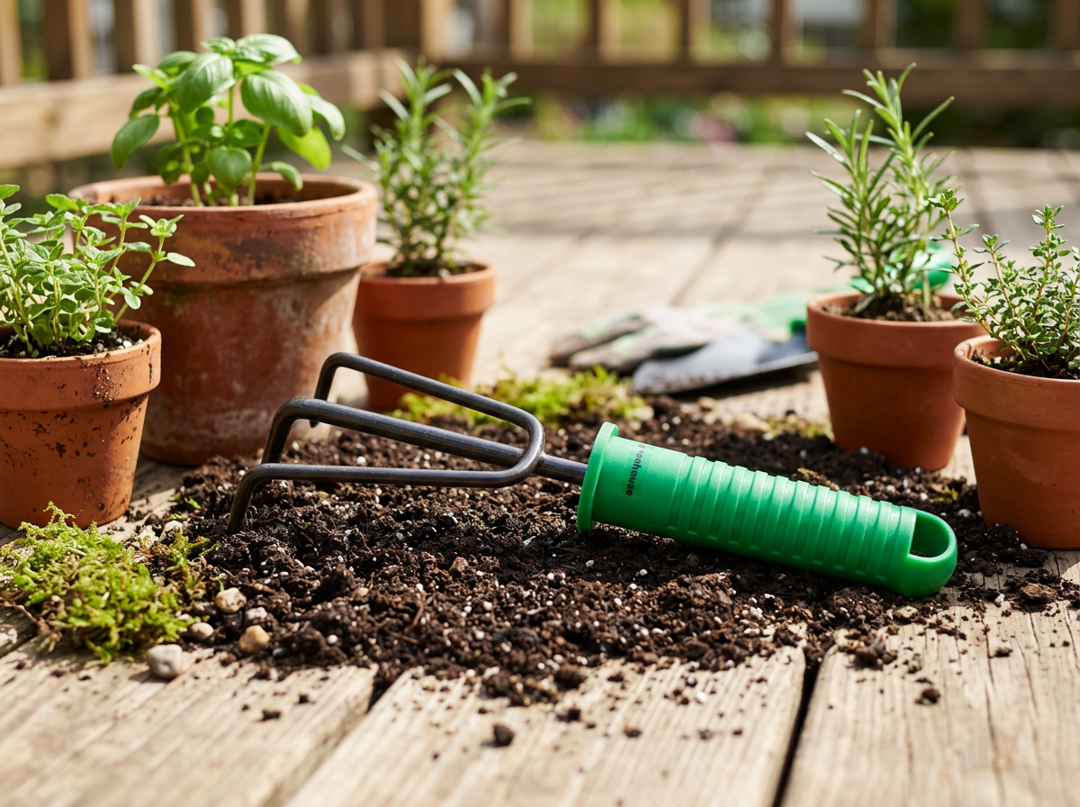 Green poly-handled Economical Grade cultivator on a potting bench with herb seedlings