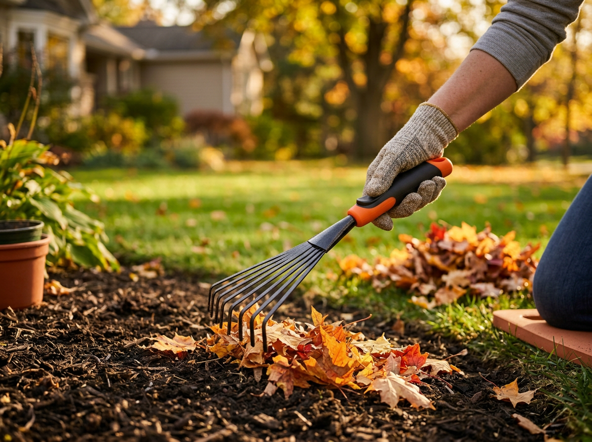 Powder-coated Home Grade shrub rake clearing autumn leaves from a garden bed