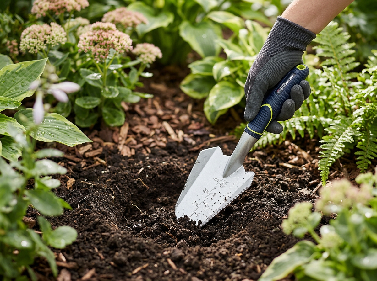 Gloved hand using a lightweight aluminum Landscape Grade transplanter in a perennial bed