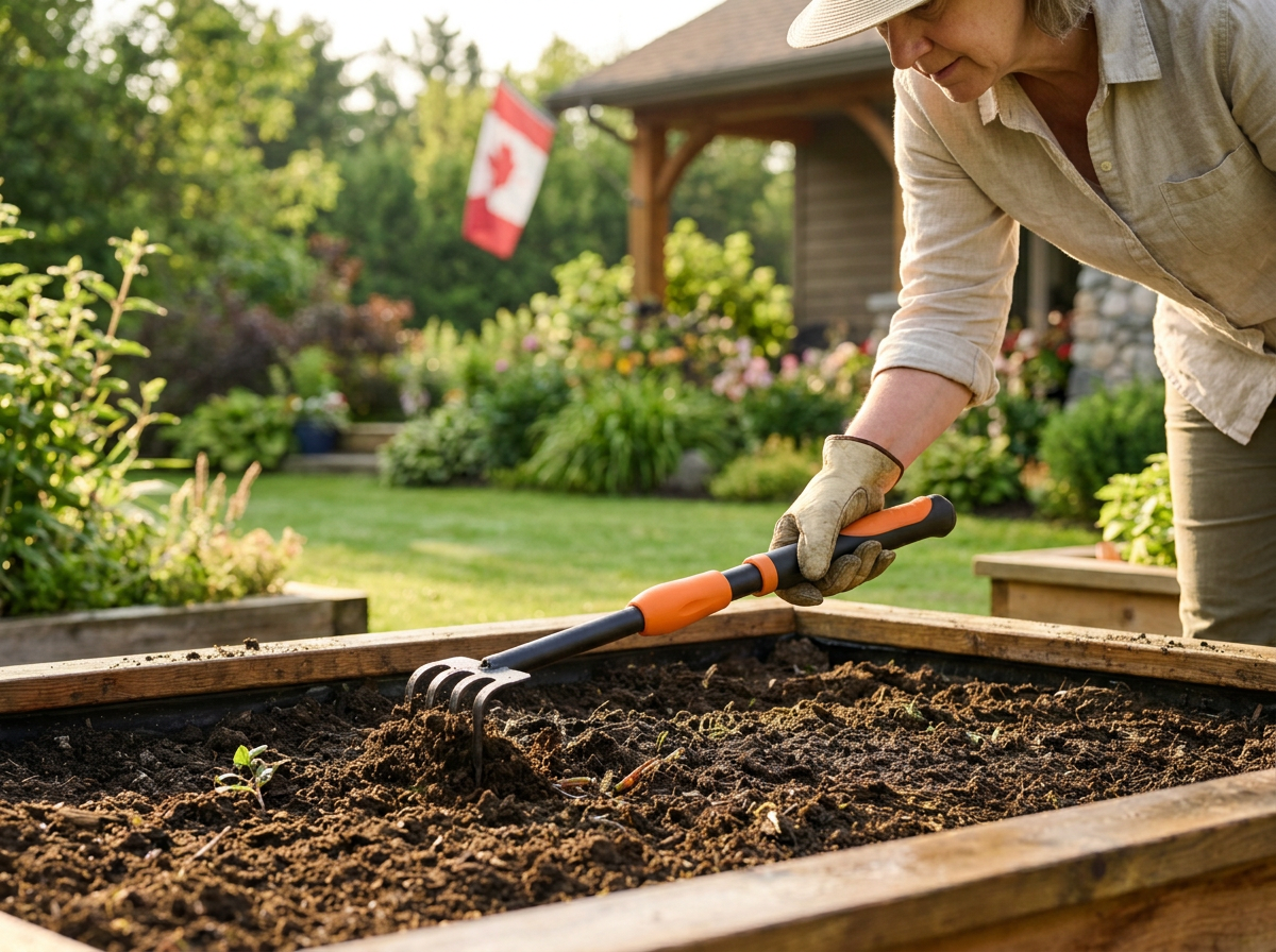 Gardener using a fully extended telescopic Professional Grade cultivator in a raised cedar bed