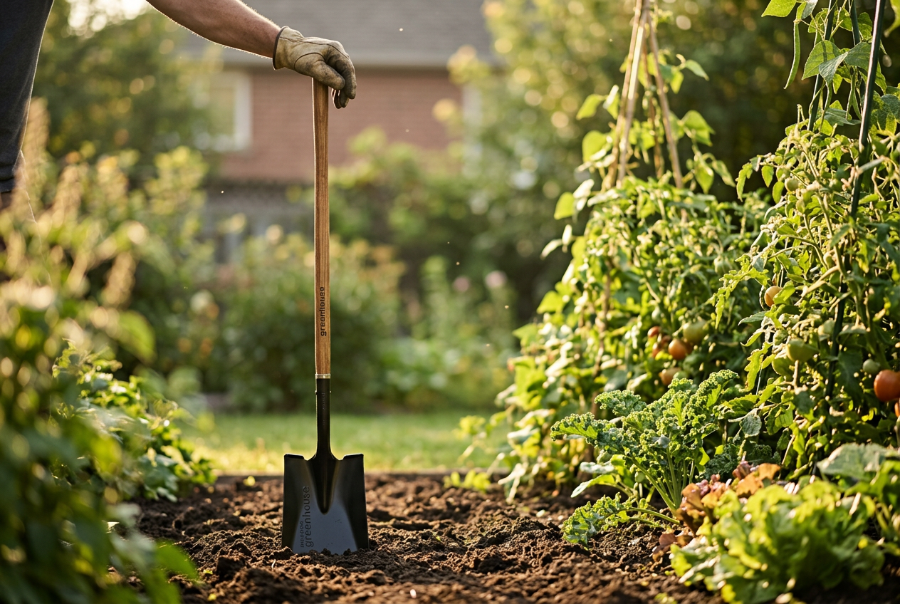 Premium wood handle Holland Greenhouse spade standing in a vegetable garden bed