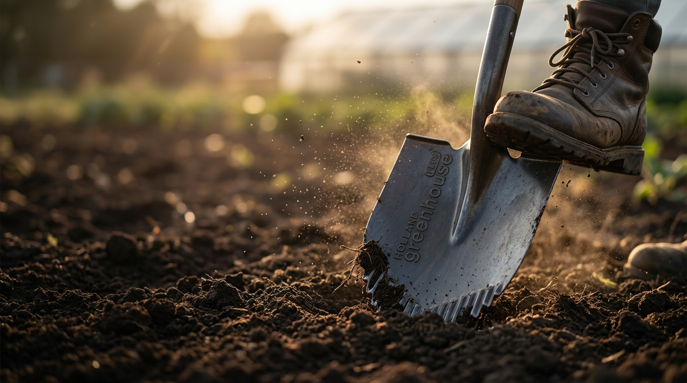 Long-handle shovel blade driven into garden soil