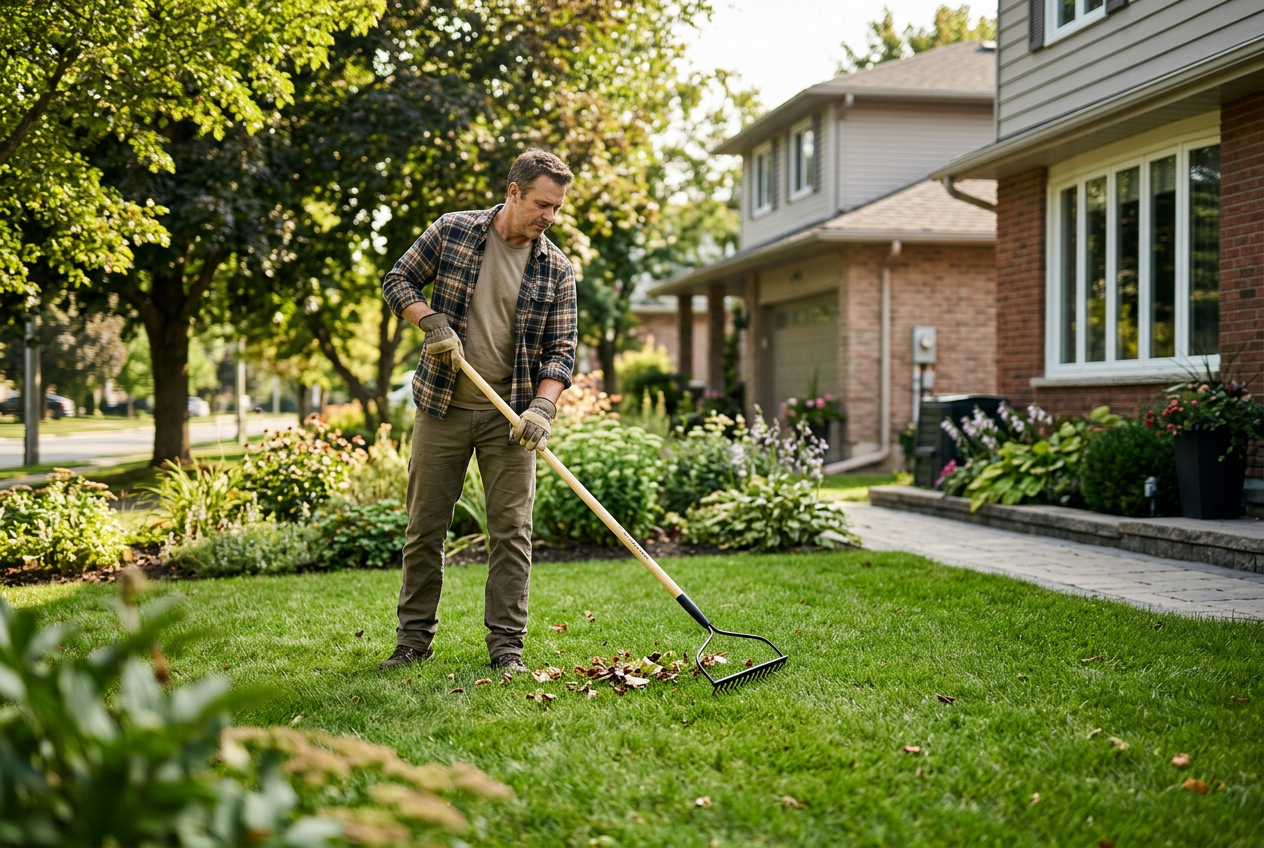 Homeowner raking leaves on a suburban lawn with a wood handle bow rake