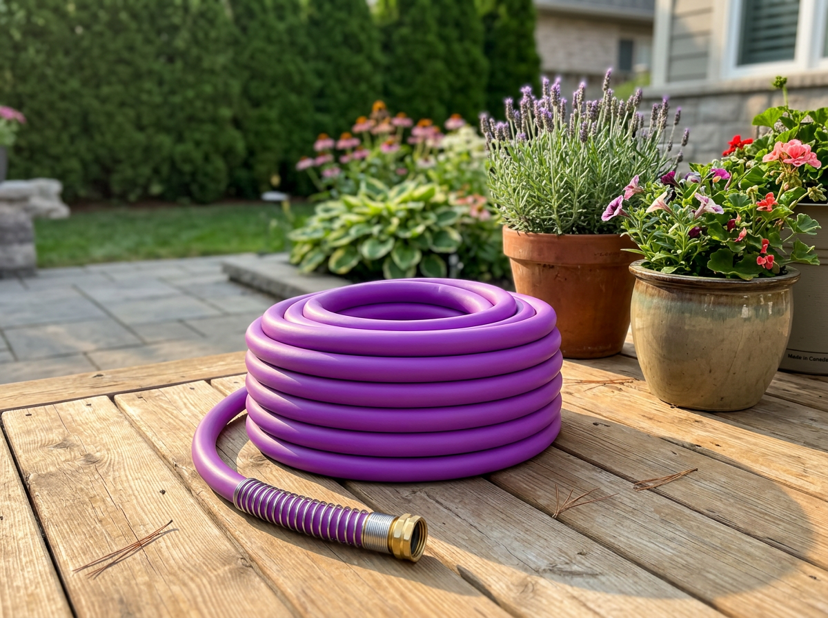 Premium green hybrid garden hose coiled beside a garden bed