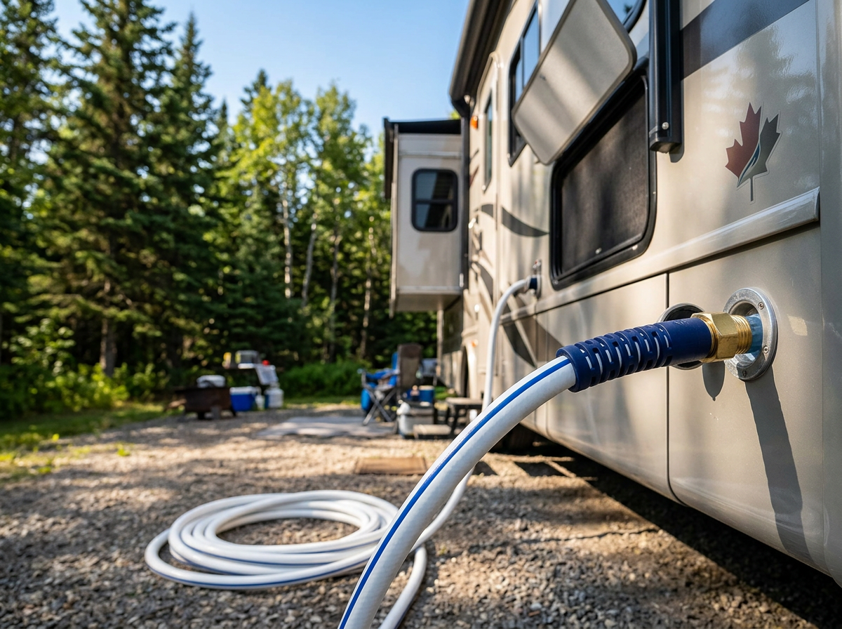 Blue drinking water hose connected to an RV water inlet