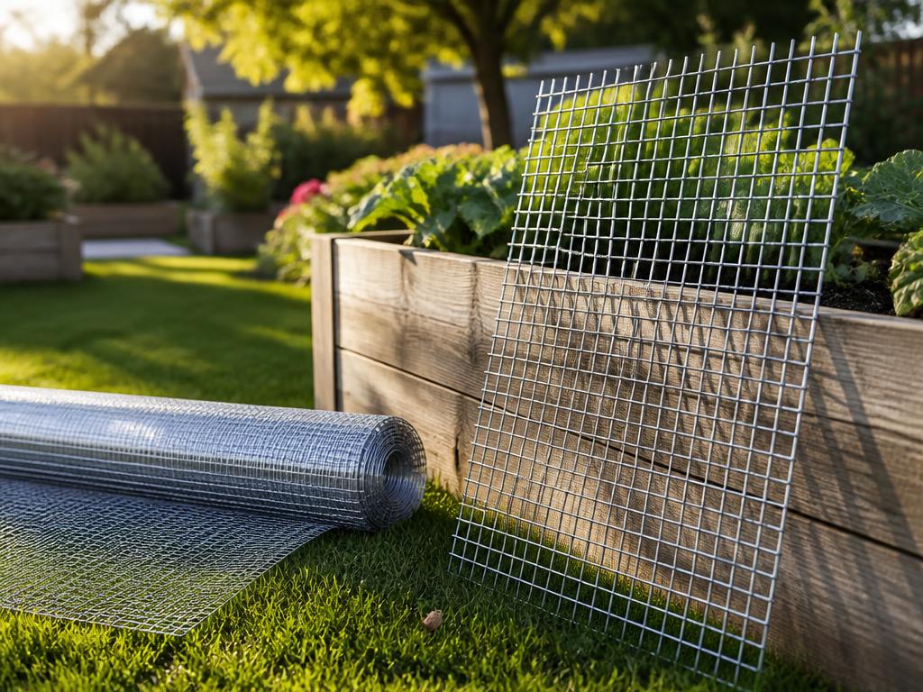 Galvanized hardware cloth roll and welded wire mesh panel beside a raised garden bed