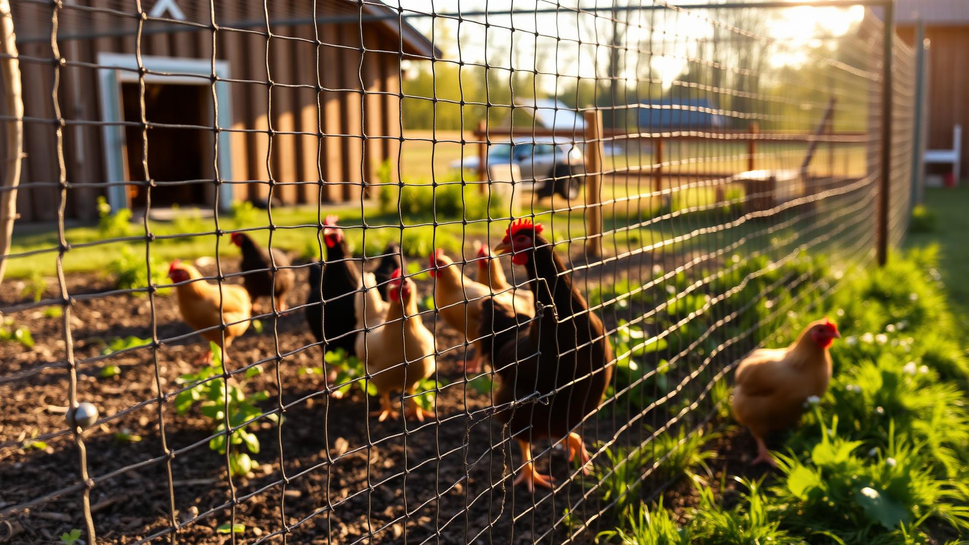 Galvanized poultry netting fence around a rural garden with chickens