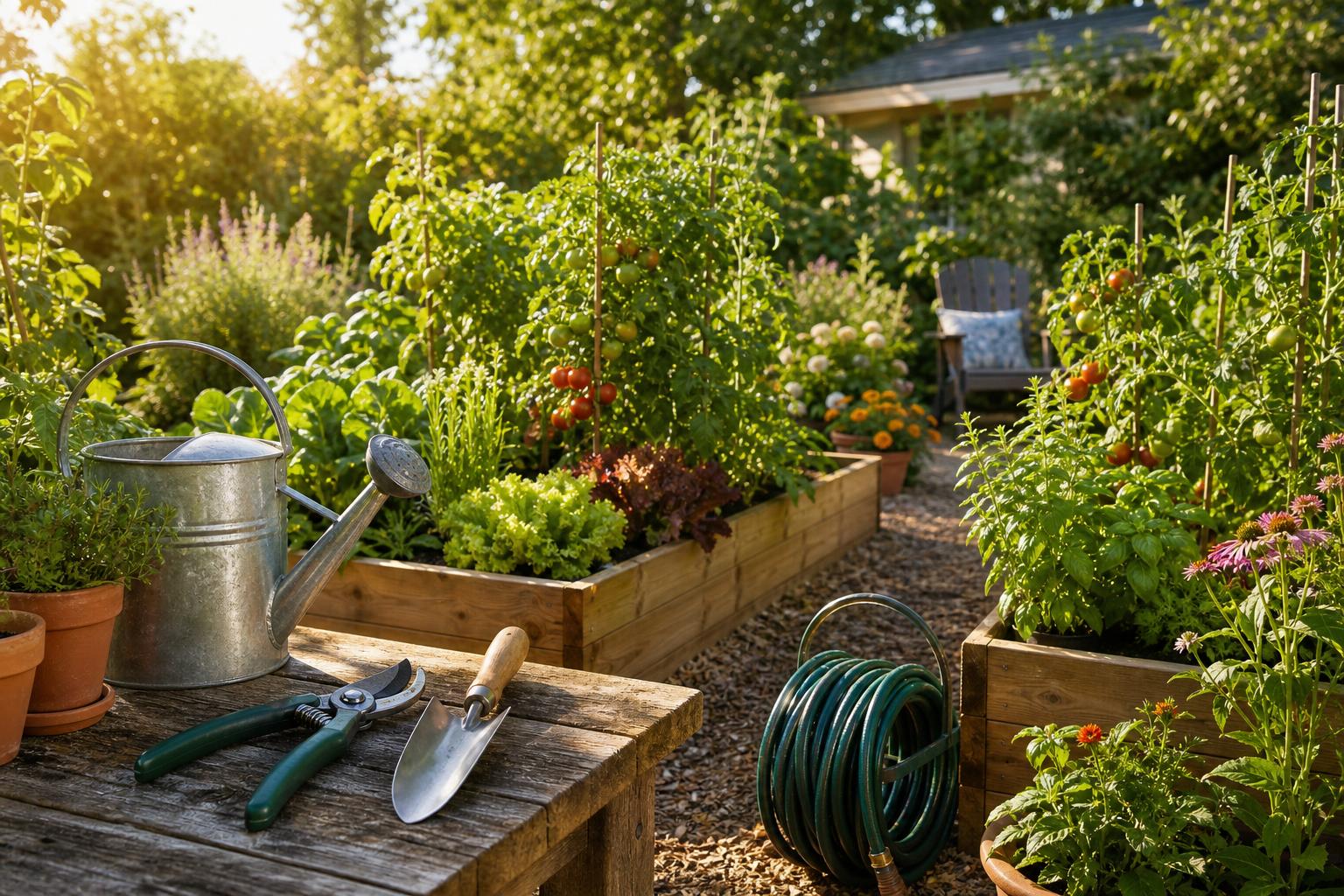 A thriving Canadian backyard vegetable garden with raised beds, garden tools, a watering can and a coiled hose in morning sunlight