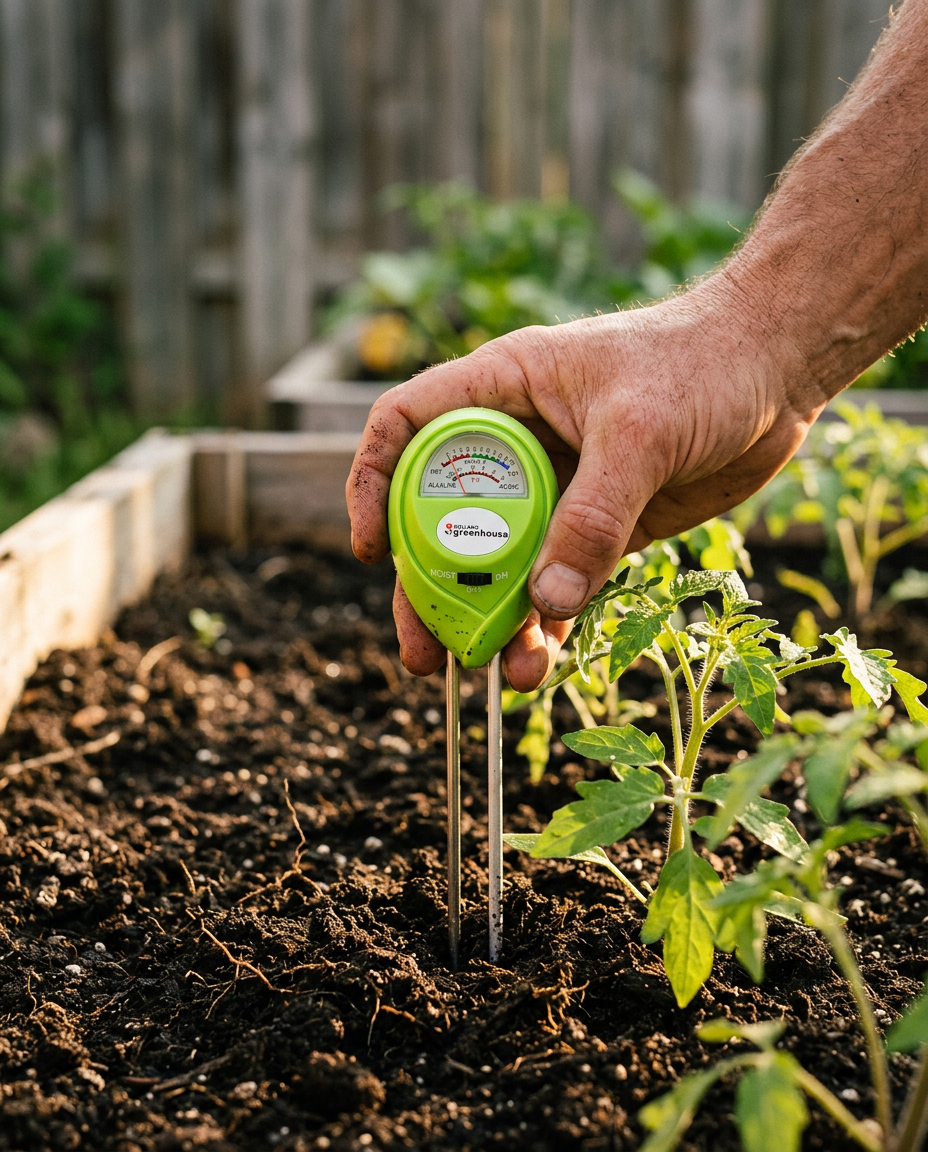Moisture meter probe in soil beside labelled seedling pots
