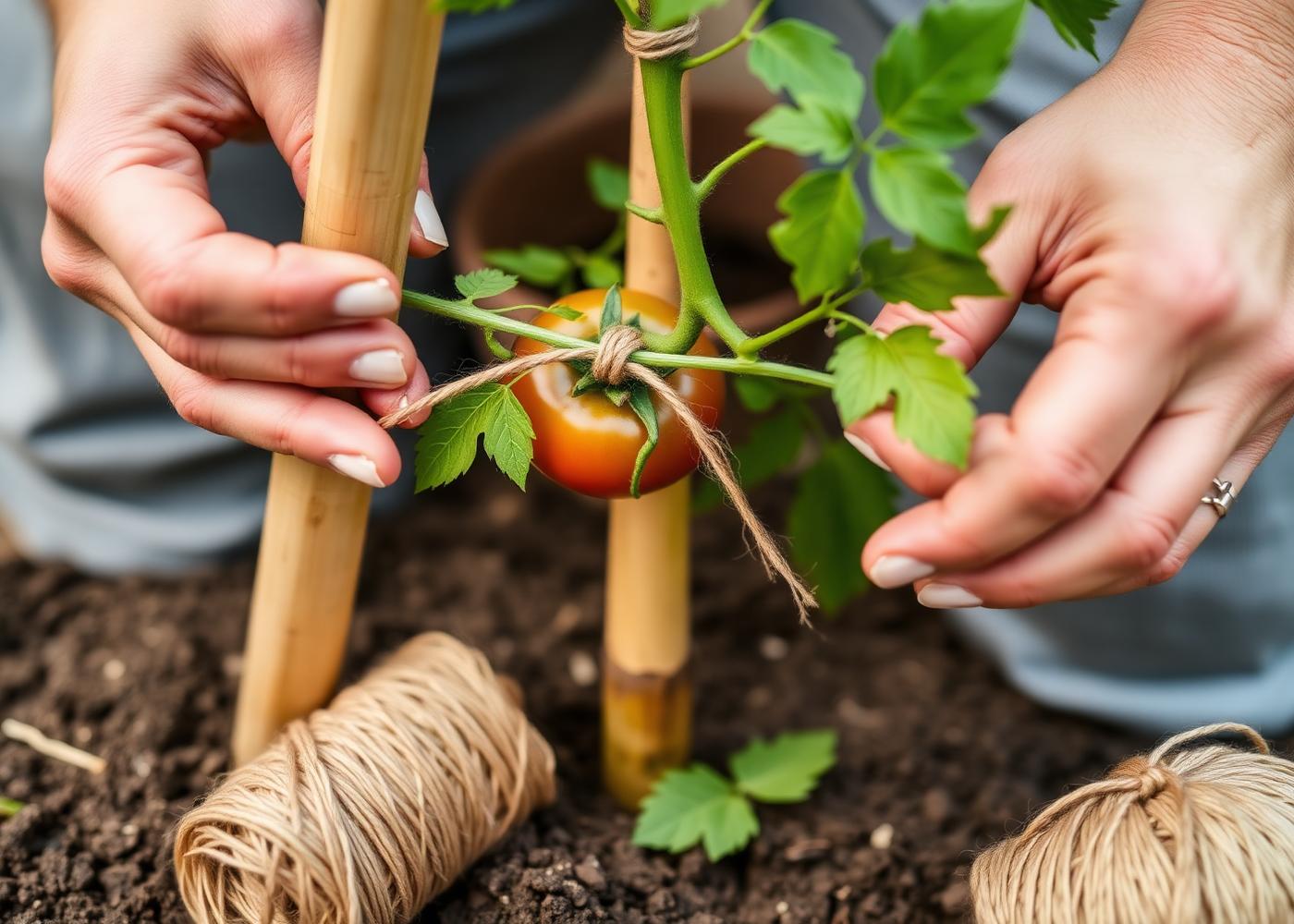 Hands tying a tomato vine to a bamboo stake with twine