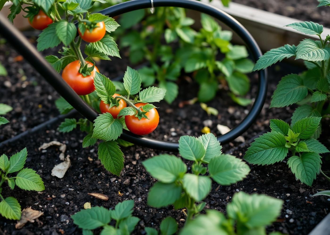 Soaker hose weaving between vegetable rows